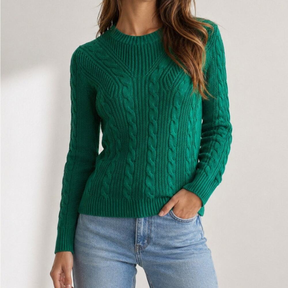 Lauren Ralph Lauren Green Cable Knit Cotton Long Sleeve Sweater, size S